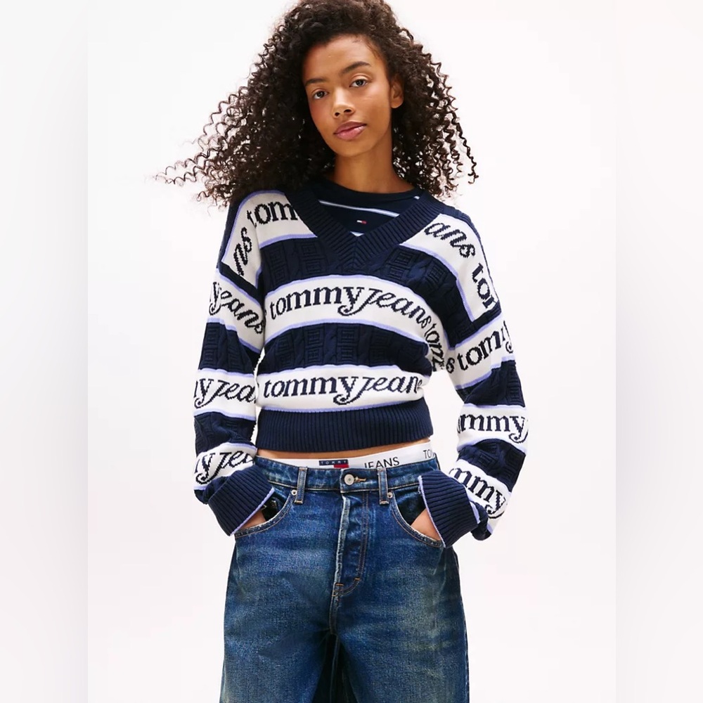 Tommy Jeans Logo Stripe V-Neck Sweater